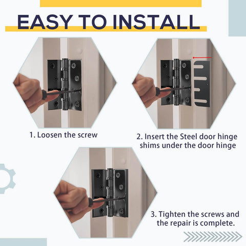 Installation process of 10 Pack Door Hinge Shims Stainless Steel With Durable Coated Finish For 4 Inch Hinge Shims Fits Most Common Door Hinges