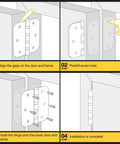 Step-by-step guide to installing Ball Bearing Door Hinges 3.5 Inch Heavy Duty Stainless Steel, showing alignment, drilling, and completion.