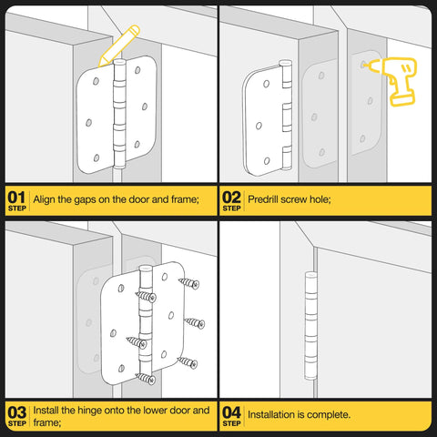 Step-by-step guide to installing Ball Bearing Door Hinges 3.5 Inch Heavy Duty Stainless Steel, showing alignment, drilling, and completion.