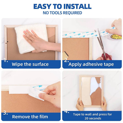 Four-step installation process for Heavy Duty Double Sided Tape 2 Inch By 16.5 Feet Removable No Residue PE Foam Mounting Tape