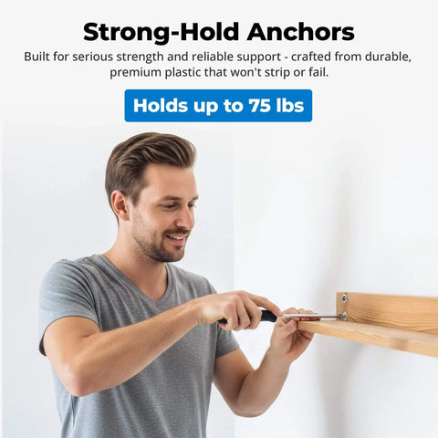 Person installing shelf using #8 Self Drilling Drywall Plastic Anchors with Screws, No Pre Drill Needed, Heavy Duty 75 lb Rating.