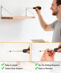Man using #8 Self Drilling Drywall Anchors with Screws Kit to mount a shelf, demonstrating ease of installation without pre-drilling, 100-piece set.