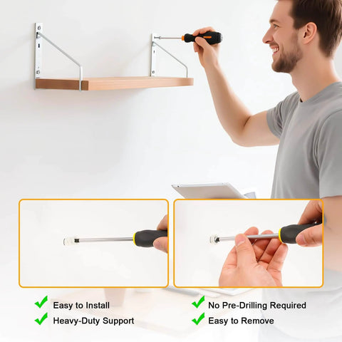 Man using #8 Self Drilling Drywall Anchors with Screws Kit to mount a shelf, demonstrating ease of installation without pre-drilling, 100-piece set.