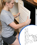 Person installing cabinet with 8 Pairs False Front Cabinet Clips for Kitchen Cabinets, transparent clip shown inset.