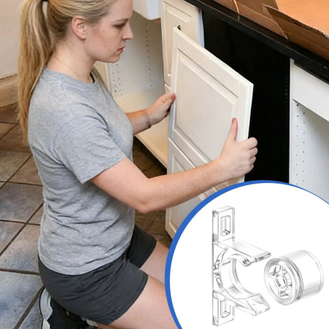 Person installing cabinet with 8 Pairs False Front Cabinet Clips for Kitchen Cabinets, transparent clip shown inset.