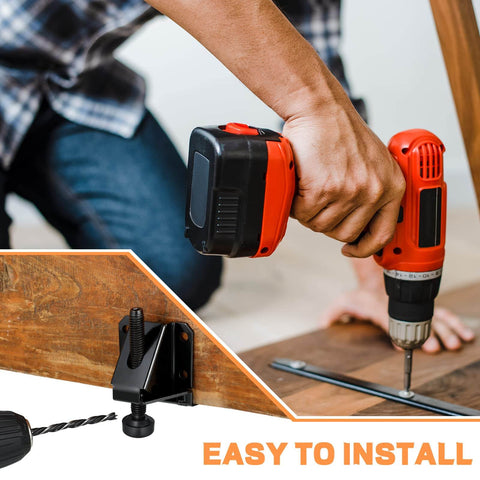 Heavy Duty 24 Pack Leveling Feet For Workbenches And Furniture Adjustable 2.3 Inch Levelers With Screws And Wrenches Black Finish Ideal For Tables Cabinets Desks And Benchtops Kenning being installed with a drill.