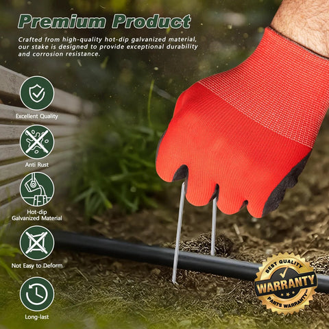 Heavy Duty Galvanized Landscape Staples 6 Inch 25 Pack being installed in soil with red-gloved hand