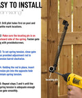 Beefy Heavy Duty Self Closing Gate Spring being installed on wooden gate with drill, showing adjustable tension mechanism and easy installation steps.