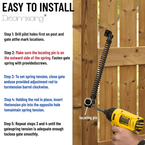 Beefy Heavy Duty Self Closing Gate Spring being installed on wooden gate with drill, showing adjustable tension mechanism and easy installation steps.