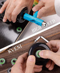 Installing Pro Longboard Bearings High Speed 608RS Ball Skate Bearing ABEC in skateboard wheel, showing green seals and tools.