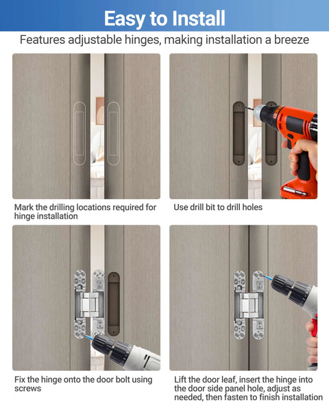 Installation guide for Invisible Door Hinges Set 4 Pack 6 Inch Silver Concealed Hinges, showing drilling and mounting steps.