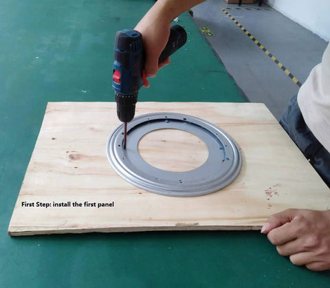 Installing 12 Inch Lazy Susan Base Only For Glass Granite Or Wood Tables with drill, shows slip-proof design and durable material.