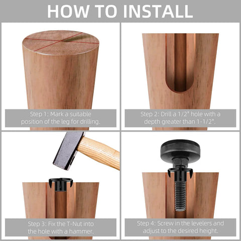 Installation steps for Heavy Duty Leg Levelers Set Of 12 3/8-16 Thread Adjustable Feet for tables and chairs.