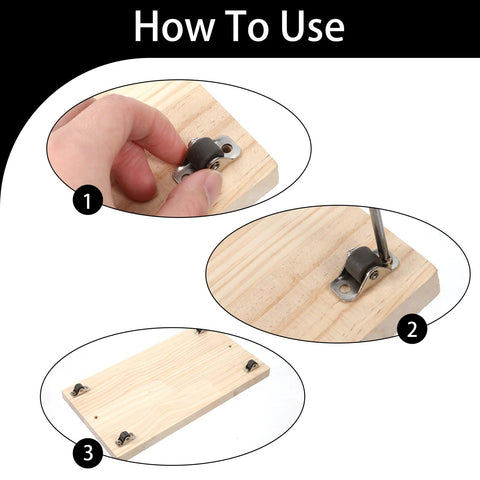 Step-by-step installation of Eight Pcs Half Inch Mini Caster Wheels Low Profile Single Direction Rubber Rolling Wheels on wood.