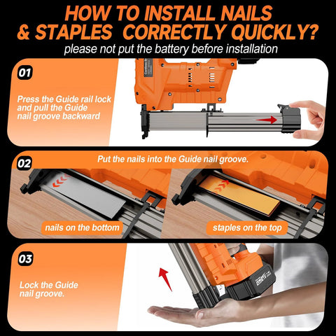 Image showing how to install nails and staples in a Cordless 18 Gauge Brad Nailer and Stapler in a 2 in 1 kit with guide instructions.