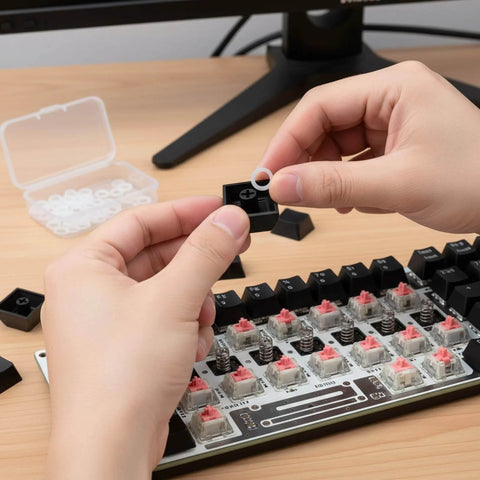 Hands installing 200 Pieces O Ring Keyboard Dampeners For MX Switches And Mechanical Keys, Clear Rubber Dampeners on keyboard