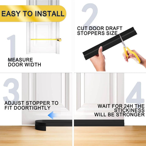 Four steps guide: measure door width, cut Door Draft Stopper For Bottom Of Door to size, apply on bottom, wait 24h to stick.