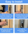 Instructions for installing the MP2097 Sliding Door Keeper Zinc Plated Steel Mortise Latch Keeper For Sliding Patio Door Locking Hardware With Screws Corrosion And Wear Resistant Construction, Precision Engineered To Provide A Stable And Dependable Catch Point in four steps.