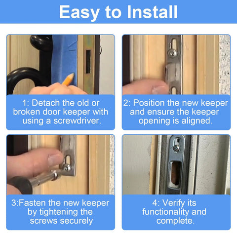 Instructions for installing the MP2097 Sliding Door Keeper Zinc Plated Steel Mortise Latch Keeper For Sliding Patio Door Locking Hardware With Screws Corrosion And Wear Resistant Construction, Precision Engineered To Provide A Stable And Dependable Catch Point in four steps.