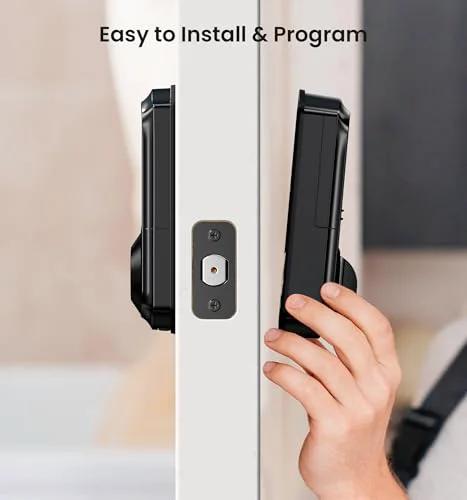 Side view of 8-in-1 fingerprint smart lock being installed, showing experience effortless security with an app control feature.