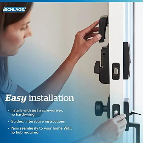 Smart WiFi Front Door Deadbolt With Built In WiFi App Control And Keyless Entry Unlock From Anywhere Through The Connected App Apple Watch Unlock Capability With HomeKit And Alexa Compatible Matte Black Finish Easy Install For Enhanced Security And showing installation process.