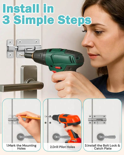 Woman installing Heavy Duty Stainless Steel Sliding Bolt Latch Set Two Pack Thickened Brushed Finish Door Lock With Twelve Screws