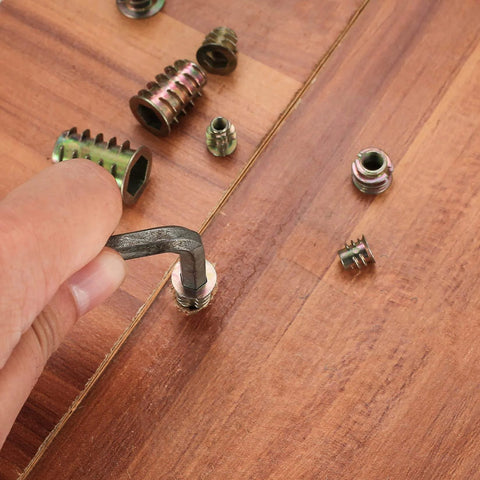 Installing 230 Piece Threaded Wood Inserts Set with 11 Sizes M4 M5 M6 M8 M10 Hex Socket Drive into wood surface using tool