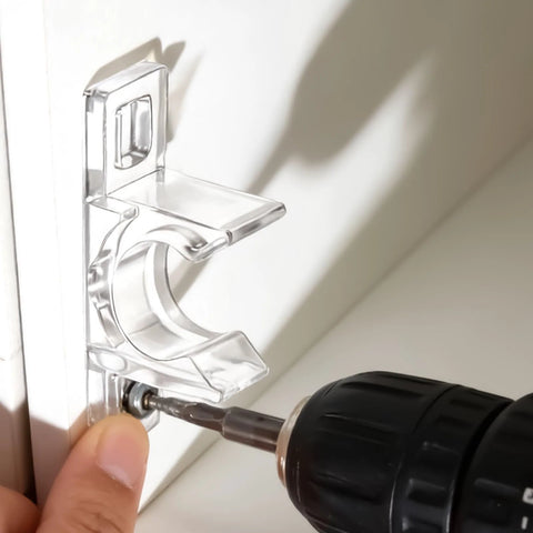 Installing a transparent clip with a drill on a cabinet, part of 8 Pairs False Front Cabinet Clips for Kitchen Cabinets set