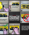 Instruction panel for inserting batteries and handling the ProSensor M210 13-Sensor Stud Finder for accurate wall scanning.