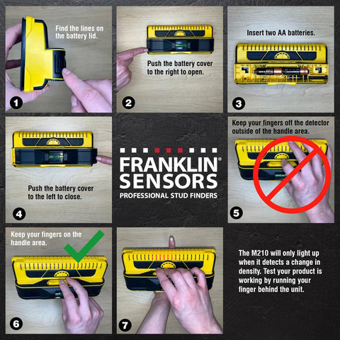 Instruction panel for inserting batteries and handling the ProSensor M210 13-Sensor Stud Finder for accurate wall scanning.