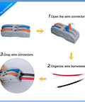 Gray wire connector with orange and blue levers, showing steps to open, organize wires, and connect harnesses.