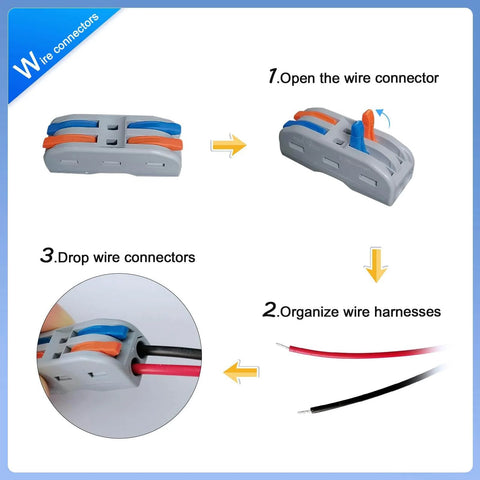 Gray wire connector with orange and blue levers, showing steps to open, organize wires, and connect harnesses.