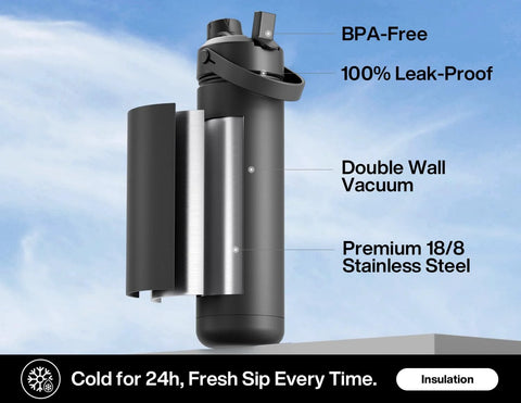 Cross-section view of 26 oz insulated stainless steel water bottle with a 2‑in‑1 straw and spout lid, cup‑holder friendly, leak‑proof design.
