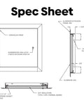 Spec sheet for Insulated Aluminum Access Door 16x16 Exterior Access Panel, showing dimensions and materials.