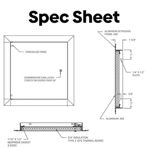 Spec sheet for Insulated Aluminum Access Door 16x16 Exterior Access Panel, showing dimensions and materials.