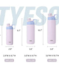 Size comparison of insulated stainless steel water bottles with spout lids and easy grip handles in 20oz, 25oz, and 30oz sizes.