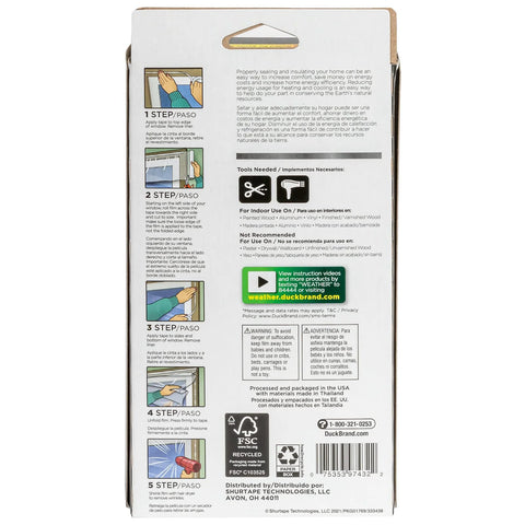 Rear packaging view of Heavy Duty Window Insulation Kit For Cold Weather Fits Up To Five Windows with installation steps and instructions.