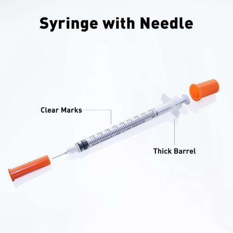 Insulin Syringe 1 Milliliter 31G 5 Sixteenth Inch Disposable 20 Count Packaged With Clear Markings And Smooth Plunger, labeled diagram