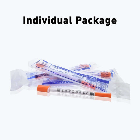 Individually packaged Insulin Syringe 1 Milliliter 31G 5 Sixteenth Inch Disposable with clear markings and smooth plunger