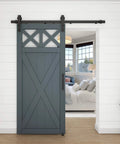 Interior Sliding Barn Door Hardware Double Floor Guide One And Three Quarters Inches Matte Black installed in a room