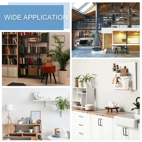 Collage of cabinets, bookshelves, and kitchens showcasing 20 Pcs M6 x 10mm Furniture Connecting Fittings For Cabinets Drawers And Wardrobes Metal Dowel Screws Bolts Silver in wide application.