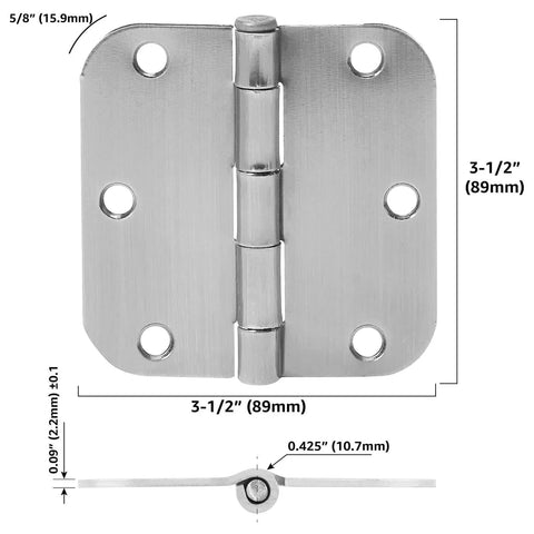 Interior Door Hinge Rounded 3.5 Inch By 3.5 Inch Satin Nickel with measurements shown, durable steel construction