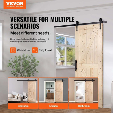 Sliding Barn Door 30 Inch Wide By 84 Inch High With Included Hardware Kit And Handle For Interior Rooms And Storage Closets Waterproof Solid Wood K Frame DIY Stainable Natural Finish Easy Assembly Smooth Sliding Action Durable Construction installed in living room.