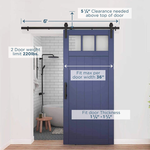 Interior Sliding Barn Door Kit Matte Black Two Piece Track System 72 Inch Rail Includes All Mounting Hardware To Hang One Door Supports Up To 220 Pounds For Openings Up To 36 Inches Fits Door Thickness 1 3 8 To 1 3 4 Inch installed view showing measurements.
