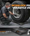 Mechanic using Tire Saver Ramps With Interlock Anti Slip Design For Cars And Trucks Heavy Duty Wheel Chocks For Tire Prevention And Vehicle Storage 80000 Pound Load Capacity Easy To Carry Pack Of 4 under truck tire