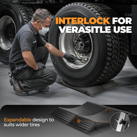 Mechanic using Tire Saver Ramps With Interlock Anti Slip Design For Cars And Trucks Heavy Duty Wheel Chocks For Tire Prevention And Vehicle Storage 80000 Pound Load Capacity Easy To Carry Pack Of 4 under truck tire