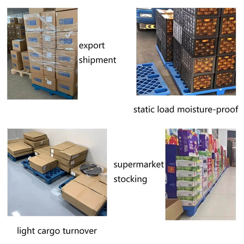 Six Pack Plastic Pallets With Interlocking Grids used for storing boxes in various settings, showcasing lightweight storage solutions.