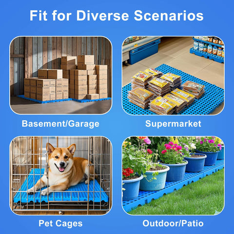 Six Pack Interlocking HDPE Plastic Pallets For Basement Storage in various settings, showing versatility and use in diverse scenarios.