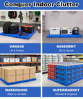 Interlocking 4 Pack Plastic Pallets with Buckle Lock System for Basement Storage, Moisture Proof and Breathable Grid in use in various settings