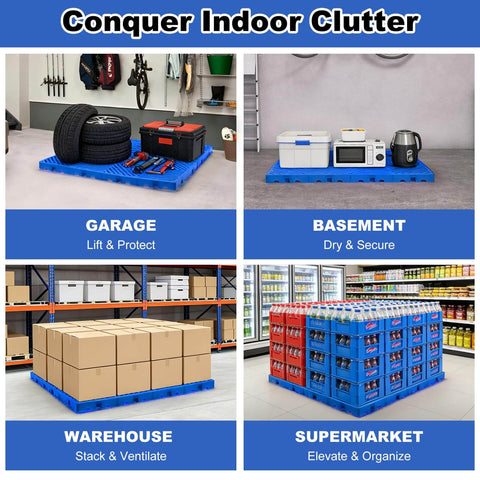 Interlocking 4 Pack Plastic Pallets with Buckle Lock System for Basement Storage, Moisture Proof and Breathable Grid in use in various settings